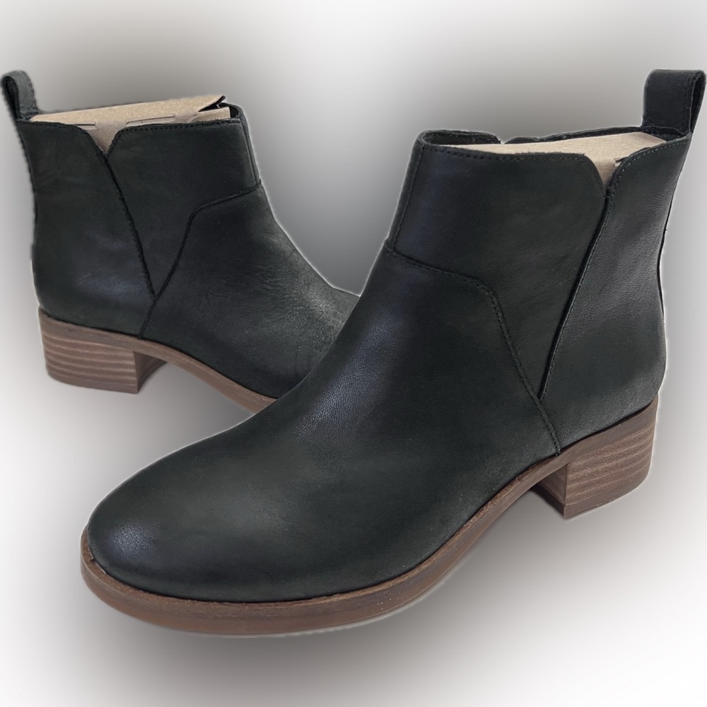 Women's lucky Brand Black Leather Ankle Booties with Low Stacked Heel